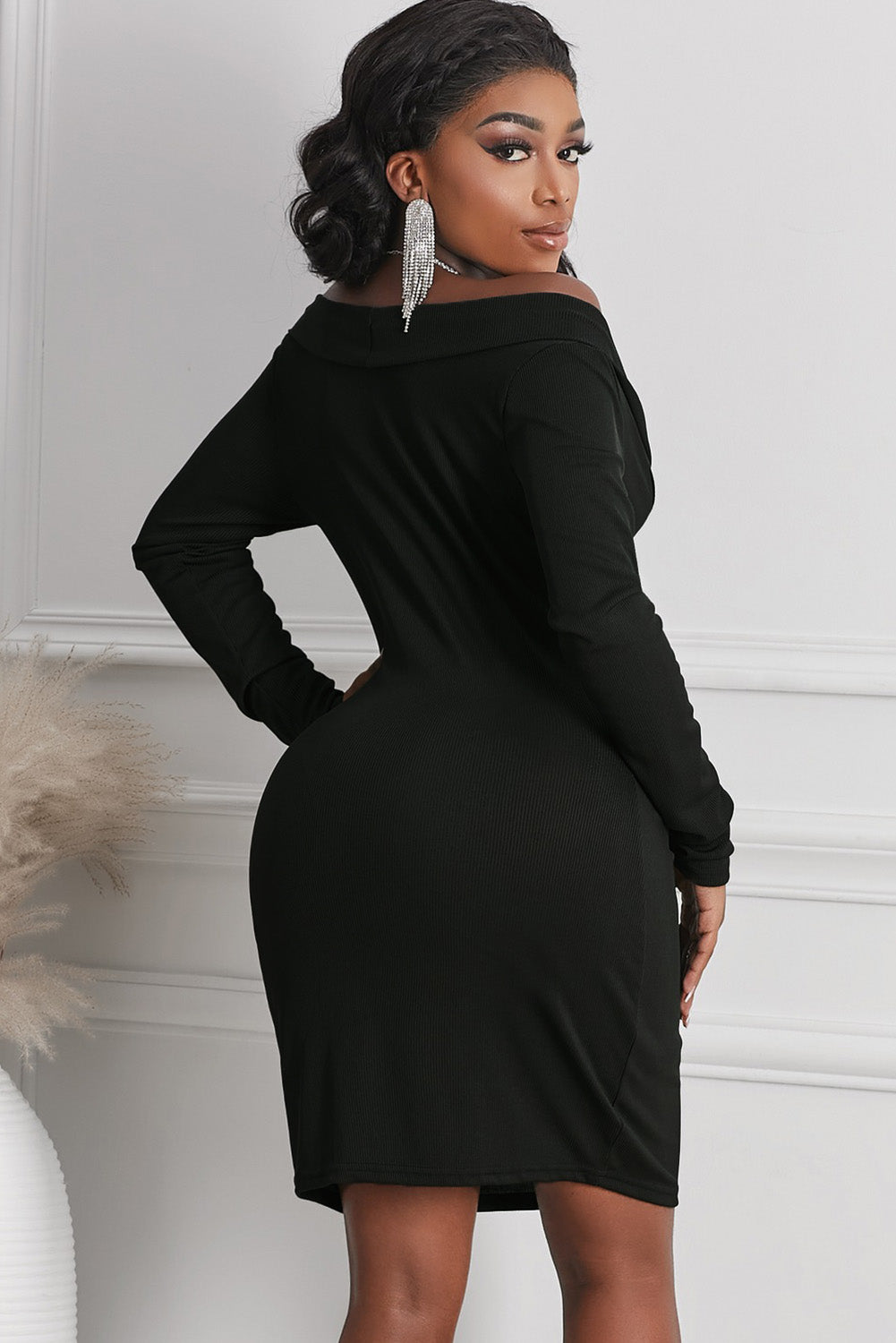 Long Sleeve Plunge Ribbed Bodycon Dress